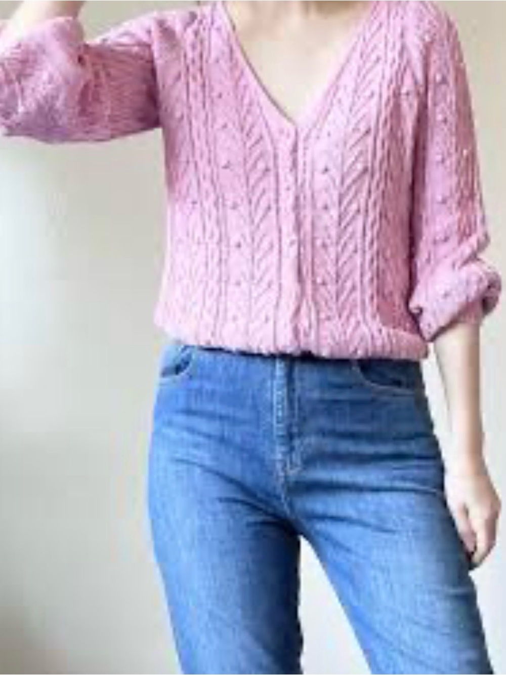 Sezane Rose Cable-Knit V-Neck Sweater